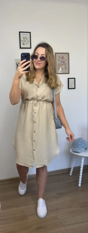 Sukienka koszulowa LOREN beżowa midi wiskozowa luźna stylizacja na co dzień