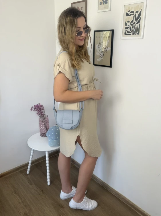 Sukienka koszulowa beżowa LOREN styl casual przewiewna wiskoza