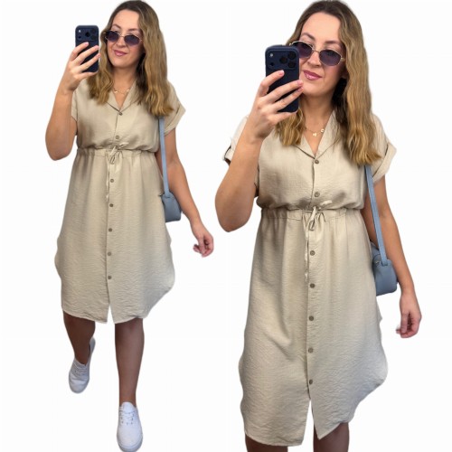 Sukienka koszulowa LOREN beżowa wiskozowa luźna midi z wiązaniem w talii Modny Zakątek Szafy