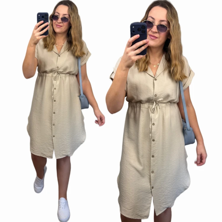 Sukienka koszulowa LOREN beżowa wiskozowa luźna midi z wiązaniem w talii Modny Zakątek Szafy