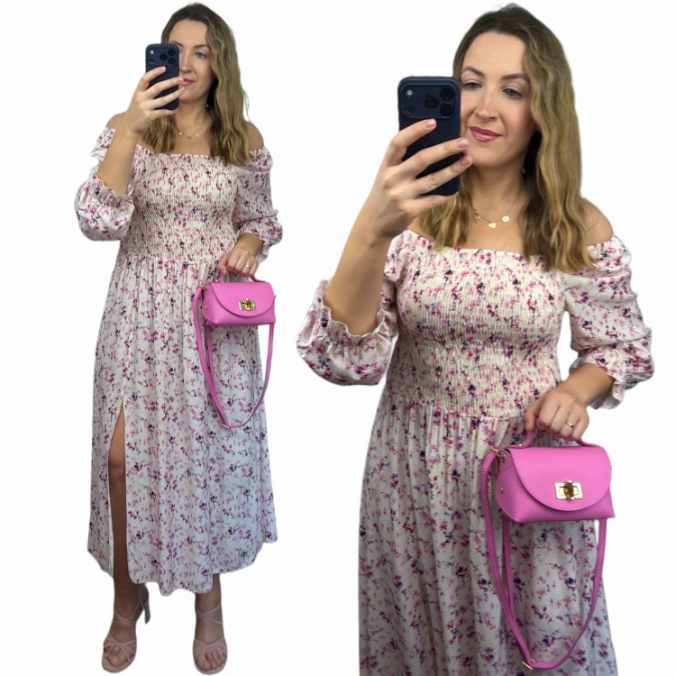 sukienka lorena beżowa maxi hiszpanka wiskoza kwiatowy print