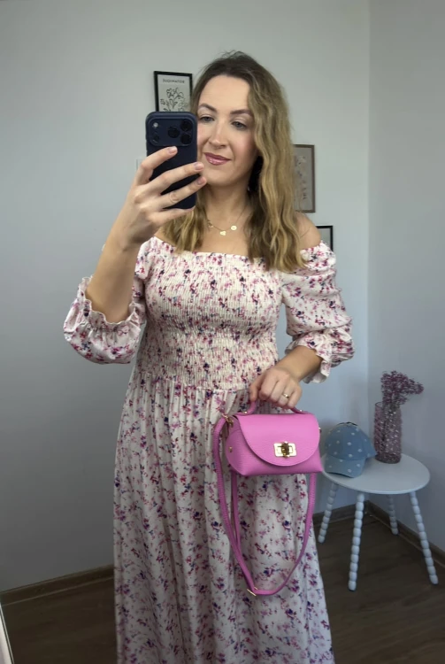 sukienka lorena maxi ecru w różowe kwiaty rozcięcie