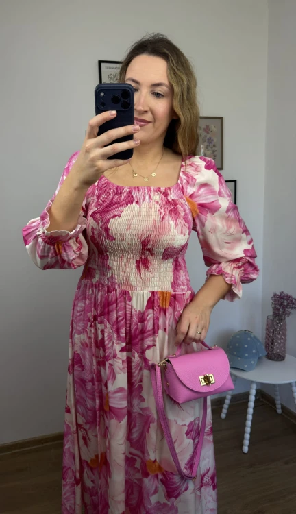 sukienka lorena maxi różowa w kwiaty rozcięcie