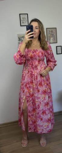 sukienka lorena maxi różowy print kwiatowy rozcięcie