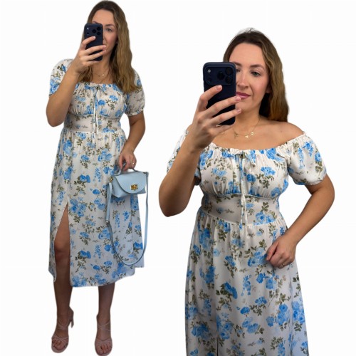 Sukienka FIORELLA midi w kwiaty niebieskie z rozcięciem stylizacja całość