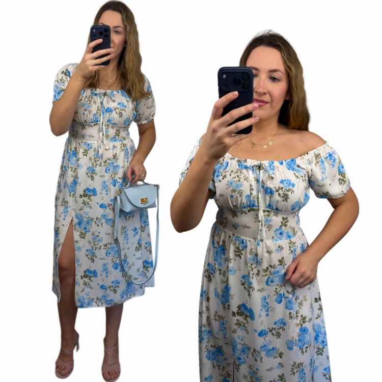 Sukienka FIORELLA midi w kwiaty niebieskie z rozcięciem stylizacja całość