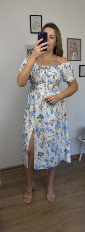 Sukienka FIORELLA midi w kwiaty niebieskie talia dopasowanie