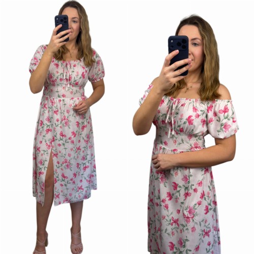 Sukienka FIORELLA midi w kwiaty różowe z rozcięciem stylizacja całość