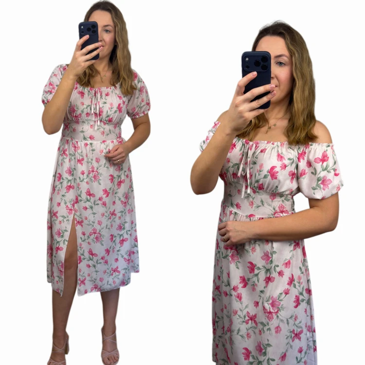 Sukienka FIORELLA midi w kwiaty różowe z rozcięciem stylizacja całość