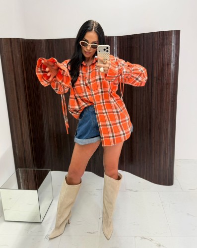 Koszula DZWONEK w kratę pomarańczowa z szerokimi rękawami