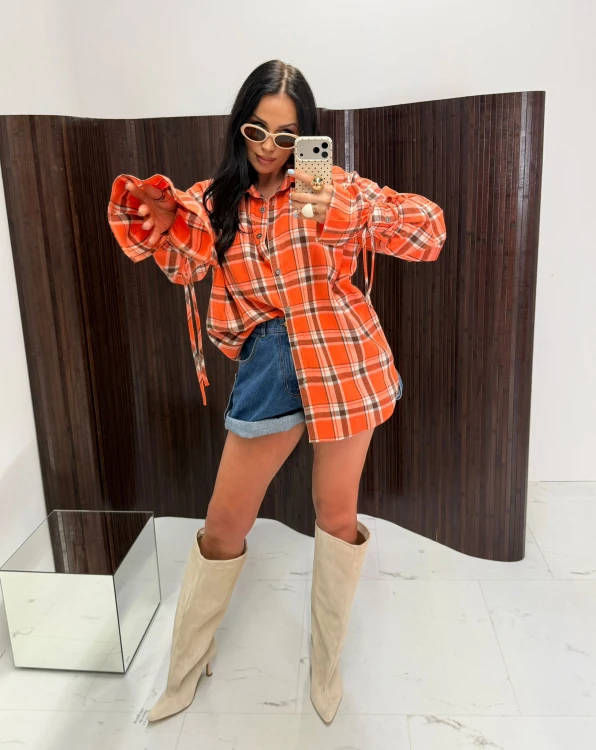 Koszula DZWONEK w kratę pomarańczowa z szerokimi rękawami