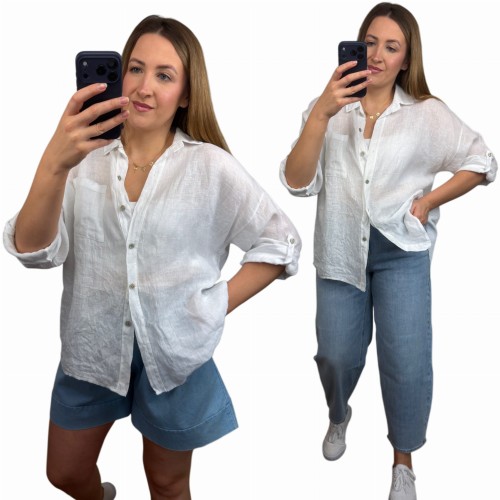 Biała lniana koszula oversize MILA damska stylizacja ze spodenkami