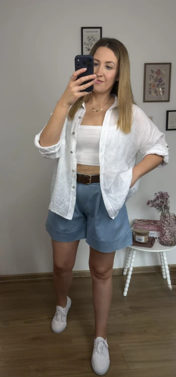 Biała koszula lniana oversize MILA stylizacja casual