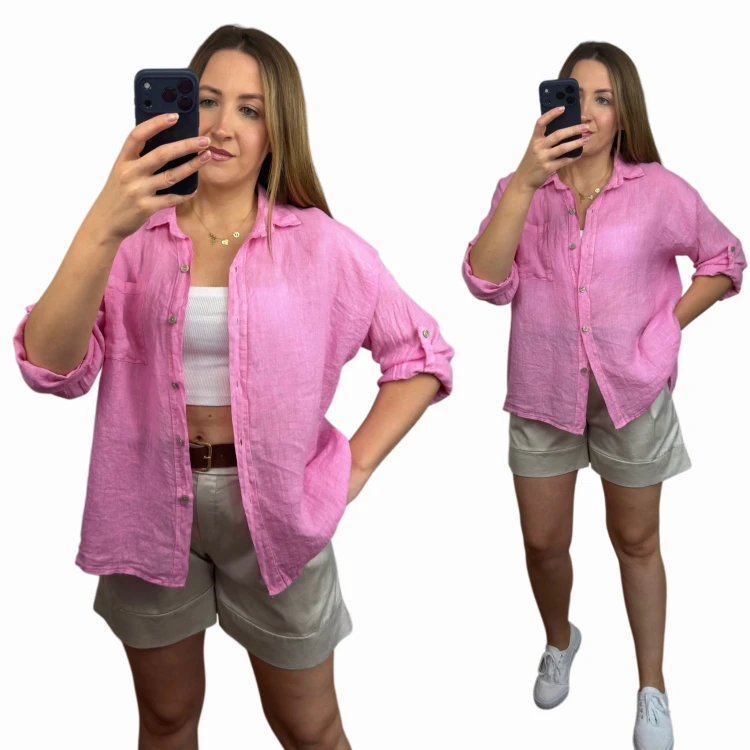 Różowa lniana koszula oversize MILA damska stylizacja casual