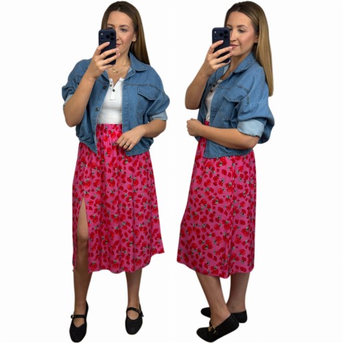 Różowa spódnica midi AURELIA w kwiaty 100% wiskoza