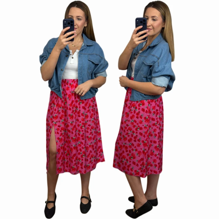 Różowa spódnica midi AURELIA w kwiaty 100% wiskoza