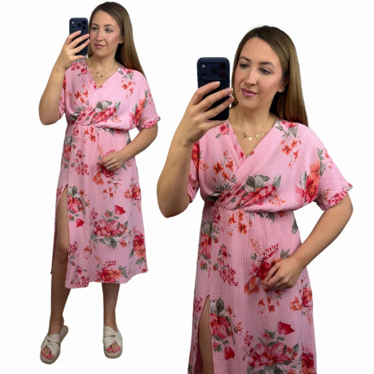 Różowa sukienka muślinowa FLORIS w kwiaty