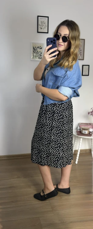 Spódnica midi AURELIA black dots bok stylizacja