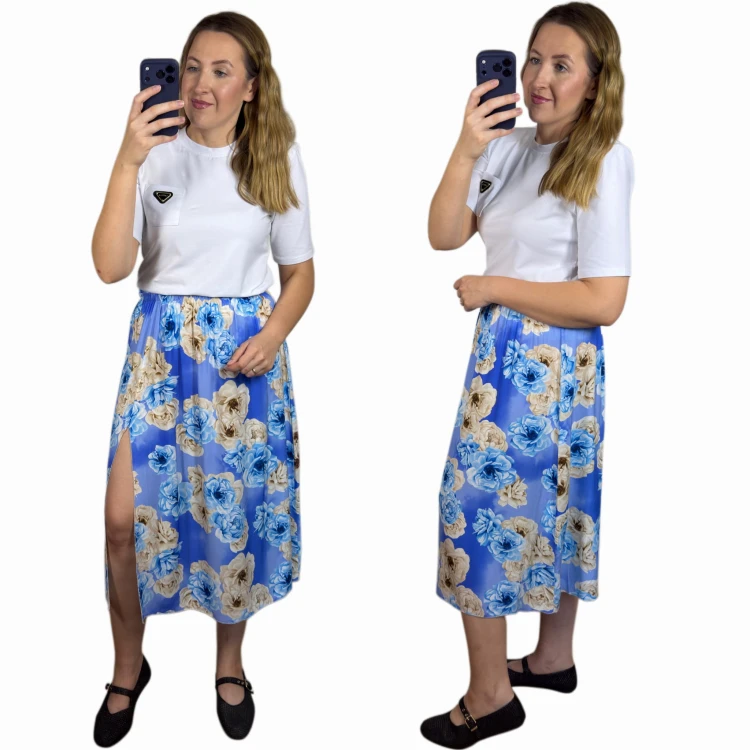Spódnica AURELIA niebieska w kwiaty 100% wiskoza midi