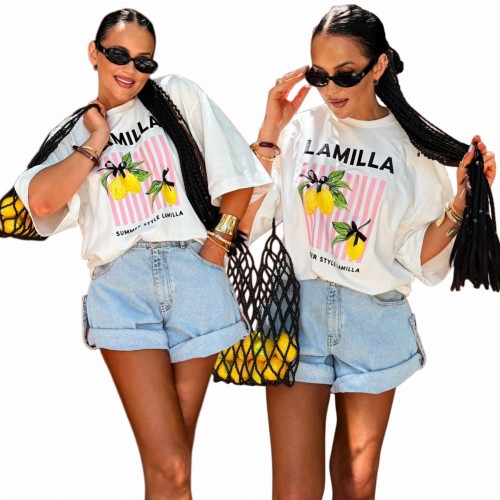 Biały t-shirt damski La Milla z motywem cytryn