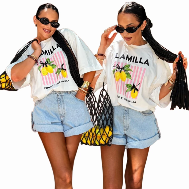 Biały t-shirt damski La Milla z motywem cytryn