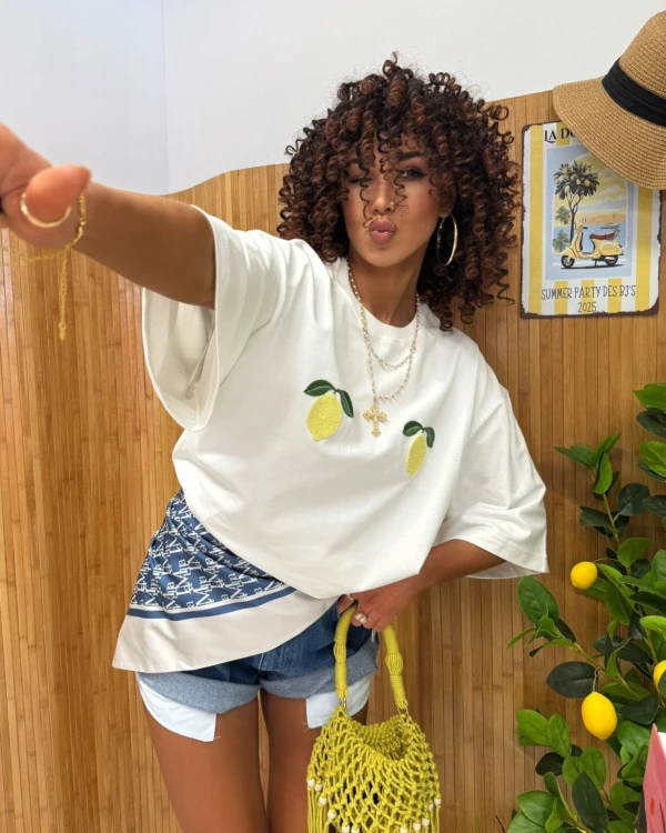 Biały t-shirt oversize damski z cytrynami La Milla