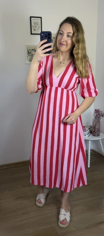 Letnia sukienka muślinowa CAPRI STRIPES różowo-czerwona