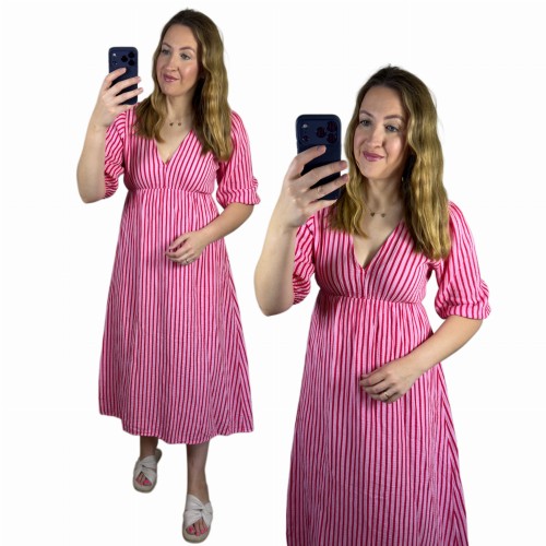 Sukienka midi muślinowa w węższe paski CAPRI STRIPES różowo-czerwona