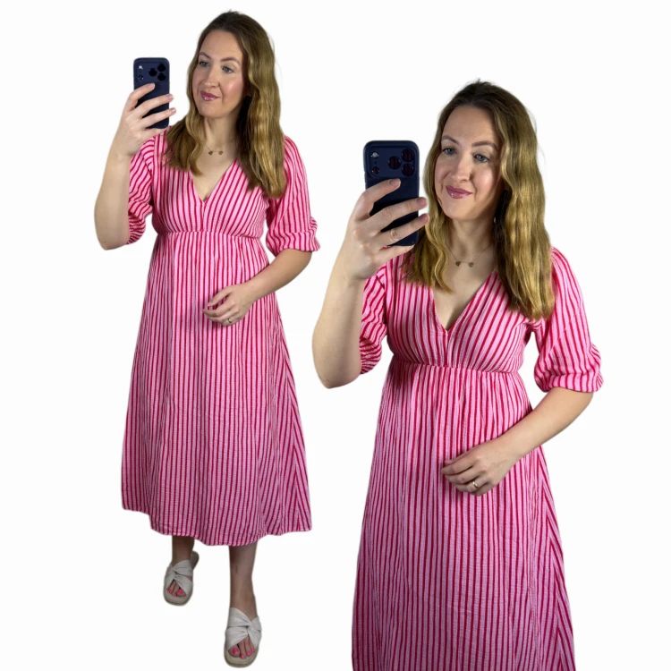 Sukienka midi muślinowa w węższe paski CAPRI STRIPES różowo-czerwona
