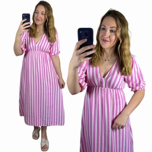 Sukienka midi muślinowa CAPRI STRIPES biało-różowa