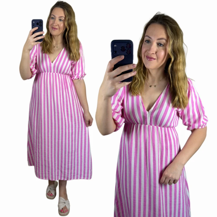 Sukienka midi muślinowa CAPRI STRIPES biało-różowa