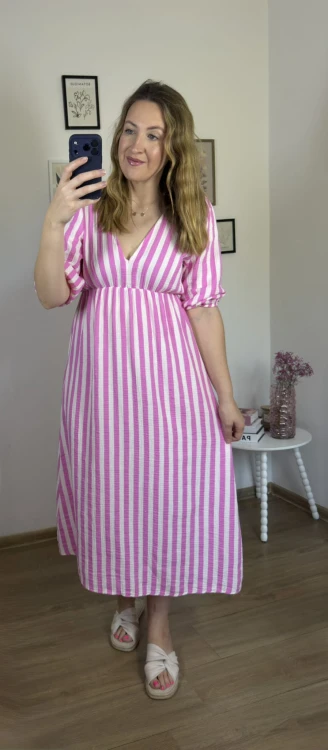 Włoska sukienka muślinowa CAPRI STRIPES biało-różowa