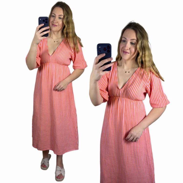 Sukienka midi muślinowa CAPRI STRIPES pomarańczowo-różowa