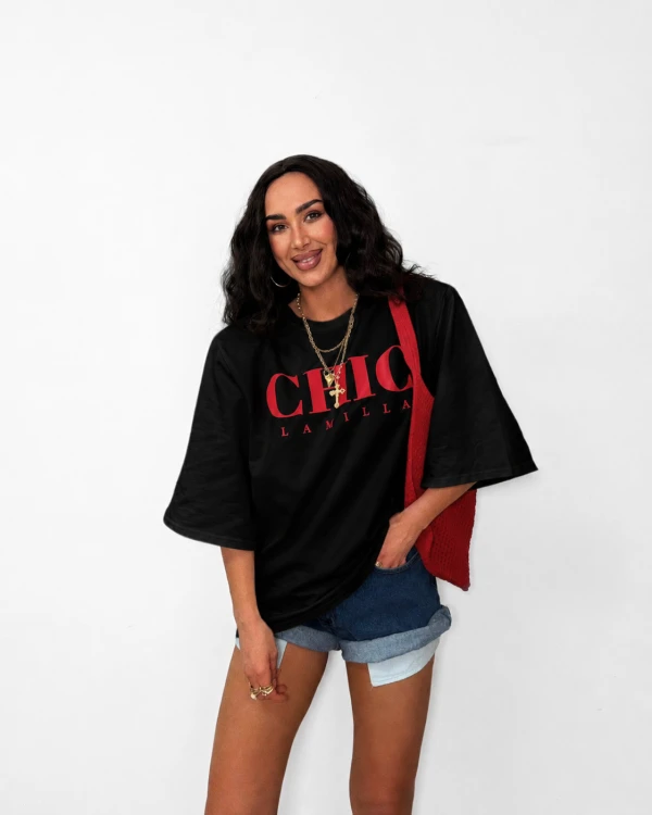 Czarny t-shirt CHIC La Milla z czerwonym nadrukiem damski
