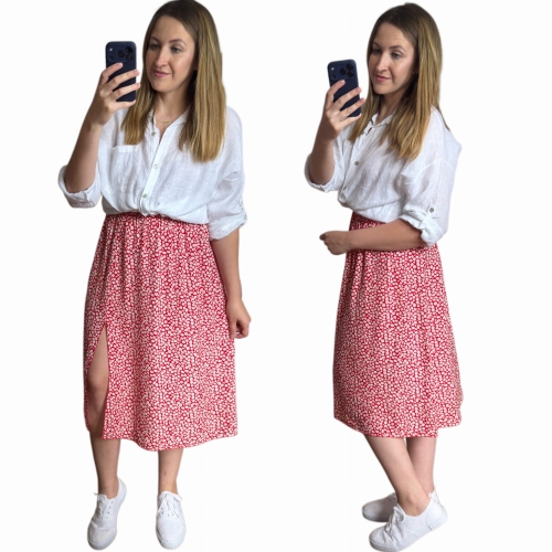 Spódnica midi AURELIA czerwona w drobne kwiaty z rozcięciem przód