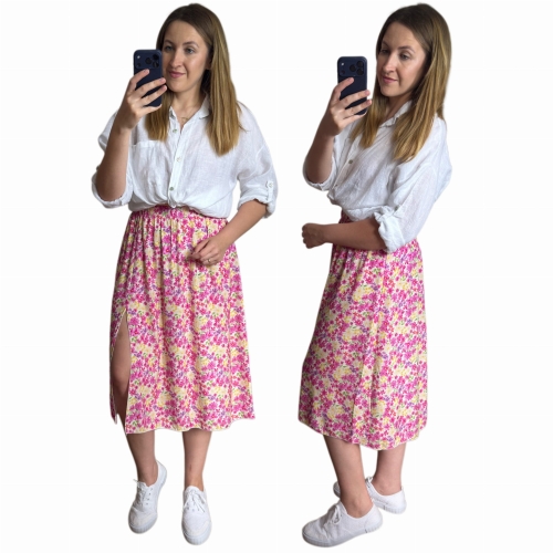 Spódnica midi AURELIA różowo żółte kwiaty przód i bok