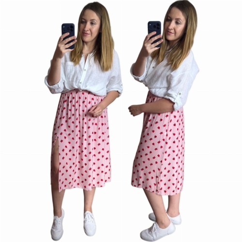 Spódnica midi AURELIA pudrowy róż w czerwone róże przód i bok