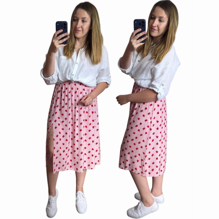 Spódnica midi AURELIA pudrowy róż w czerwone róże przód i bok
