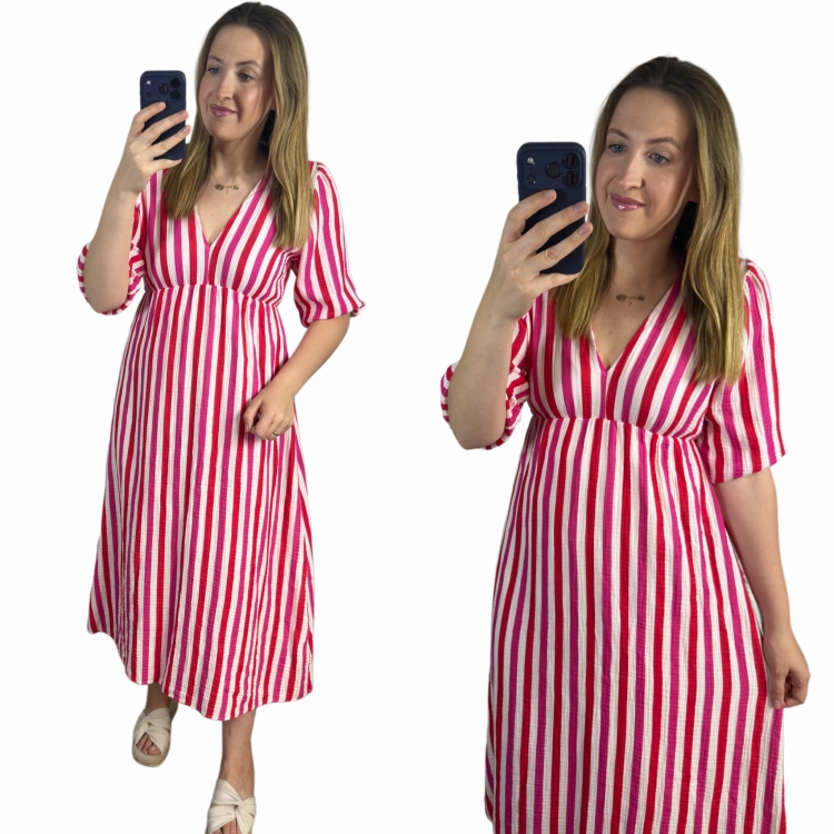Sukienka midi muślinowa CAPRI STRIPES czerwono-różowe paski przód
