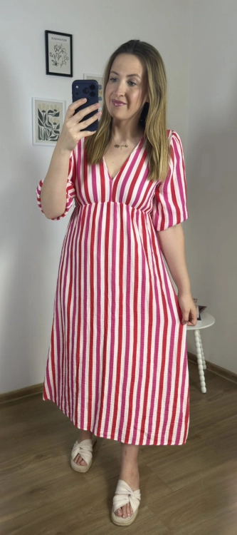 Bawełniana sukienka midi w czerwono-różowe paski CAPRI STRIPES