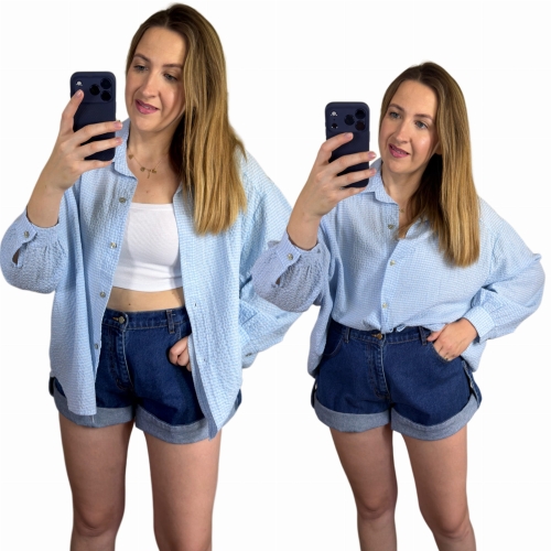 Luźna koszula bawełniana oversize w kratę niebieska biała h-Trend -VELLA CHECK
