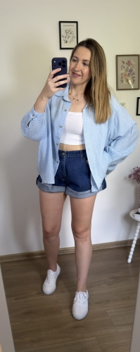 Luźna koszula bawełniana oversize w kratę niebieska biała h-Trend -VELLA CHECK