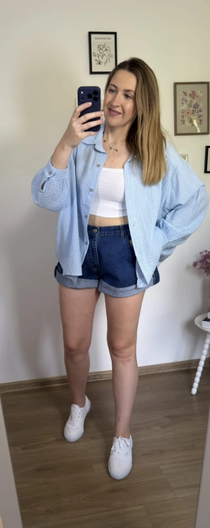 Luźna koszula bawełniana oversize w kratę niebieska biała h-Trend -VELLA CHECK