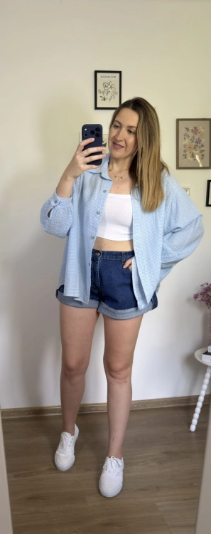 Luźna koszula bawełniana oversize w kratę niebieska biała h-Trend -VELLA CHECK