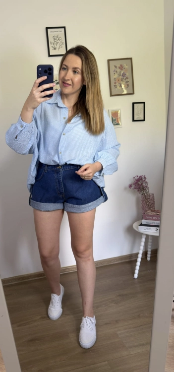 Luźna koszula bawełniana oversize w kratę niebieska biała h-Trend -VELLA CHECK