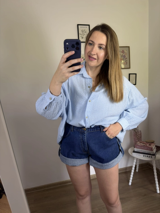 Luźna koszula bawełniana oversize w kratę niebieska biała h-Trend -VELLA CHECK