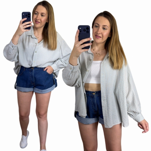 Luźna koszula bawełniana oversize w kratę niebieska zielona h-Trend- VELLA CHECK