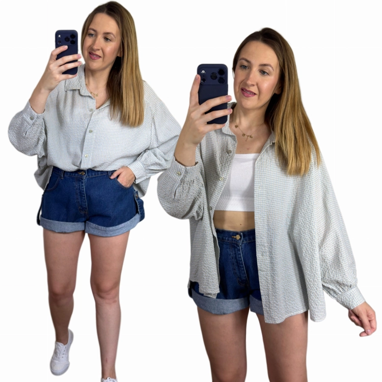 Luźna koszula bawełniana oversize w kratę niebieska zielona h-Trend- VELLA CHECK