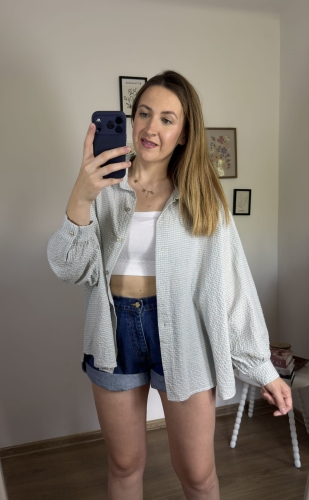 Luźna koszula bawełniana oversize w kratę niebieska zielona h-Trend- VELLA CHECK