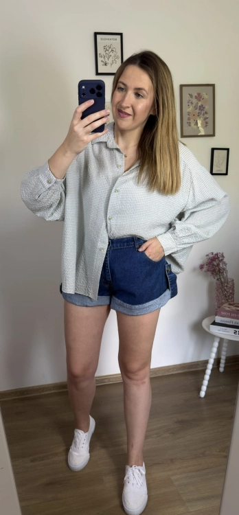 Luźna koszula bawełniana oversize w kratę niebieska zielona h-Trend- VELLA CHECK